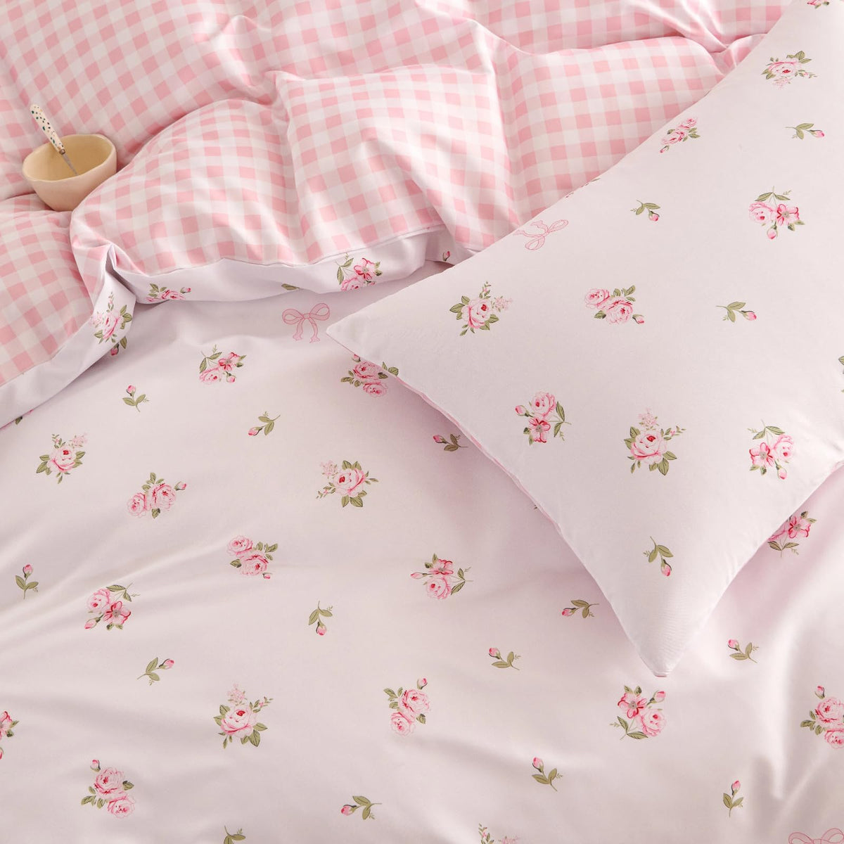 Floral Comforter Set, Pink Bedding Set with Gingham Pattern