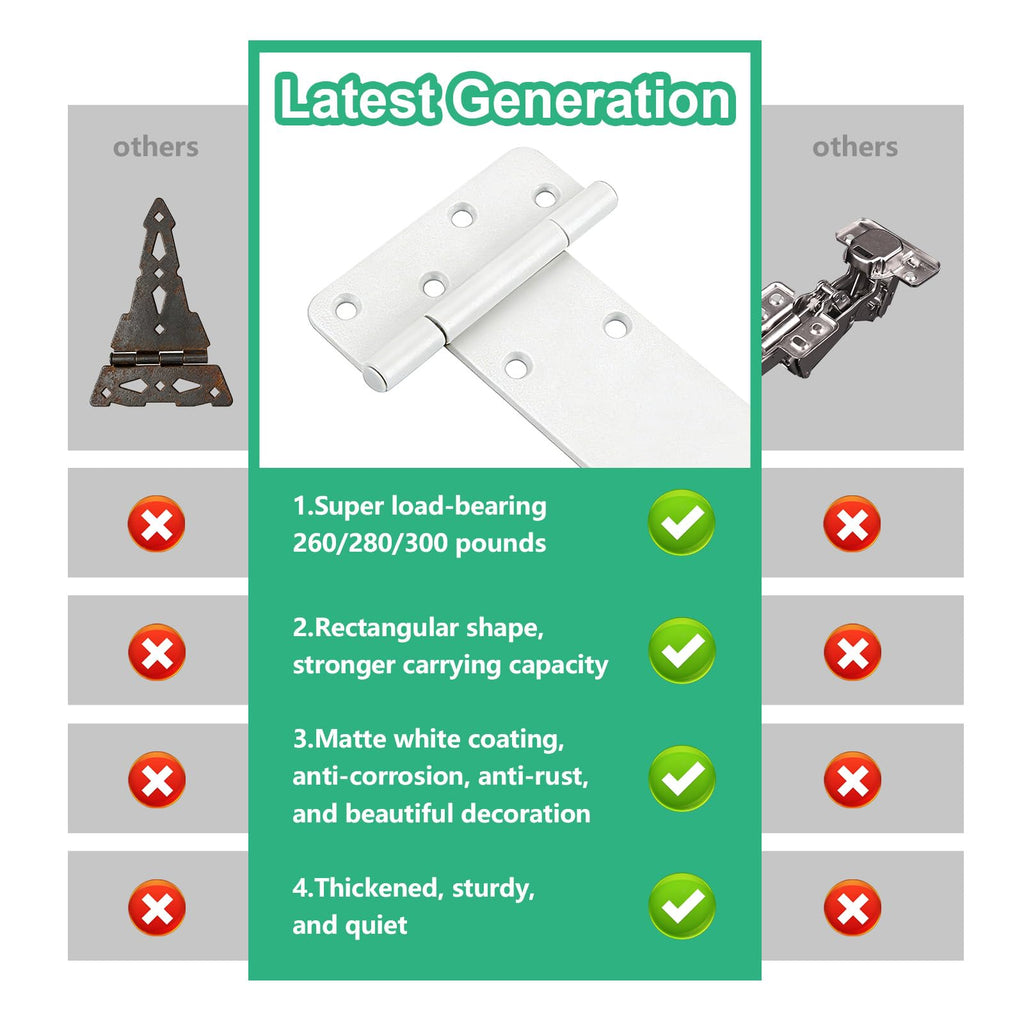 8 inch Gate Hinges, 300 Lbs Capacity, Matte White Hinges, 2 Pack Heavy Duty Door Hinge, T-Strap Shed Gate