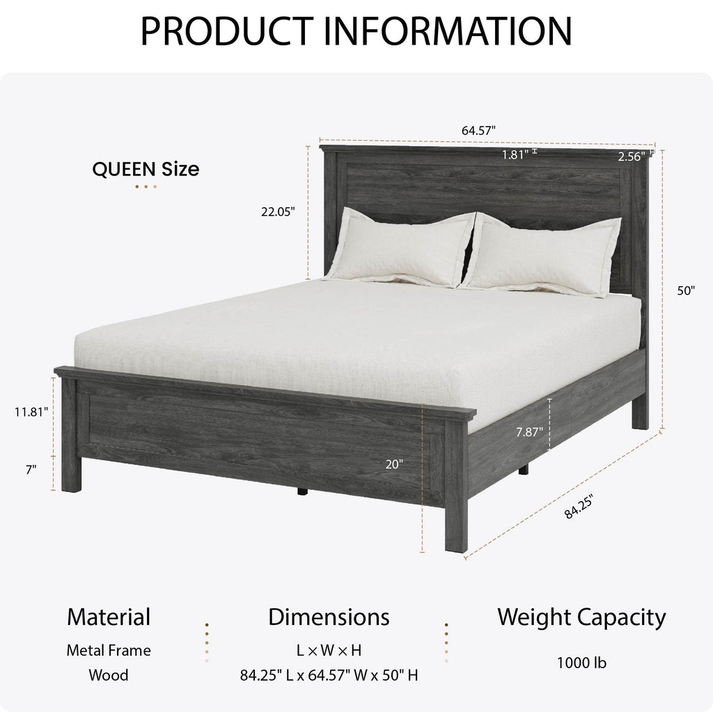 Farmhouse Platform Bed Frame with Headboard, Gray