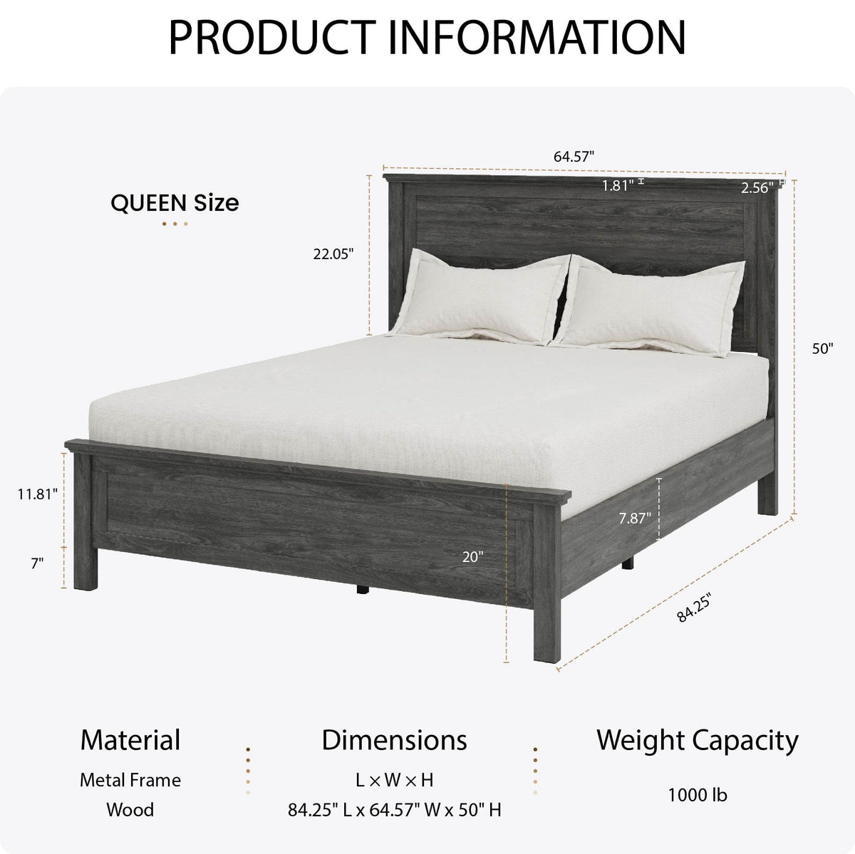 Farmhouse Platform Bed Frame with Headboard, Gray