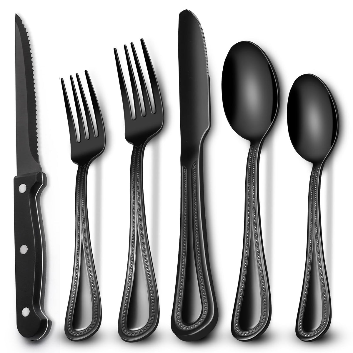 24-Piece Black Silverware Set with Steak Knives, Black Flatware Set for 4, Food-Grade Stainless Steel Tableware