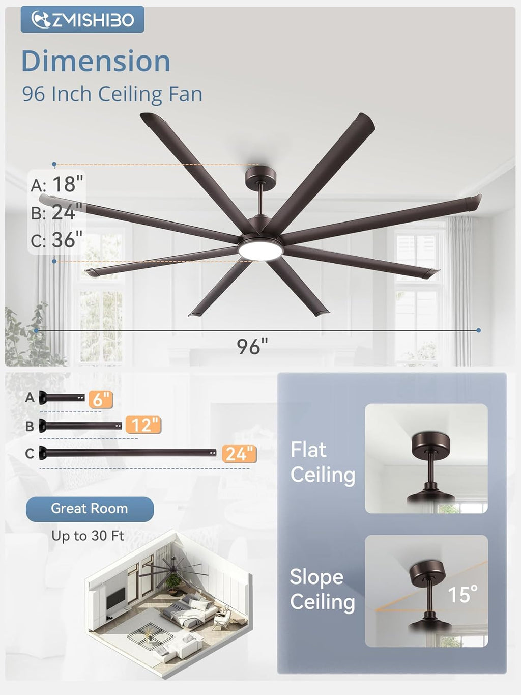96" Ceiling Fan with LED Light and Remote - Oil Bronze