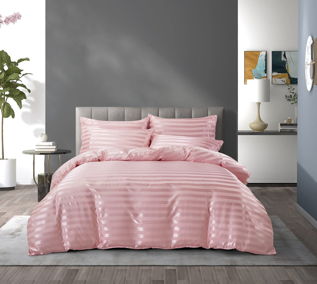 5 Pieces Blush Pink Satin Striped Duvet Cover Set