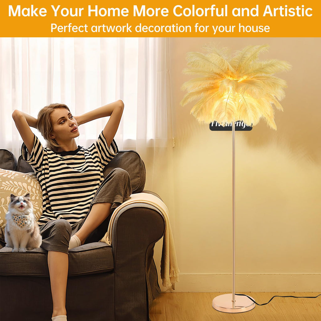 Inspired Arco Style Feather Floor Lamp, Fluffy Ostrich Feathers Lamp, Rose Gold Color Body, 3 Color Temperatures Modern Funky Arc Tall