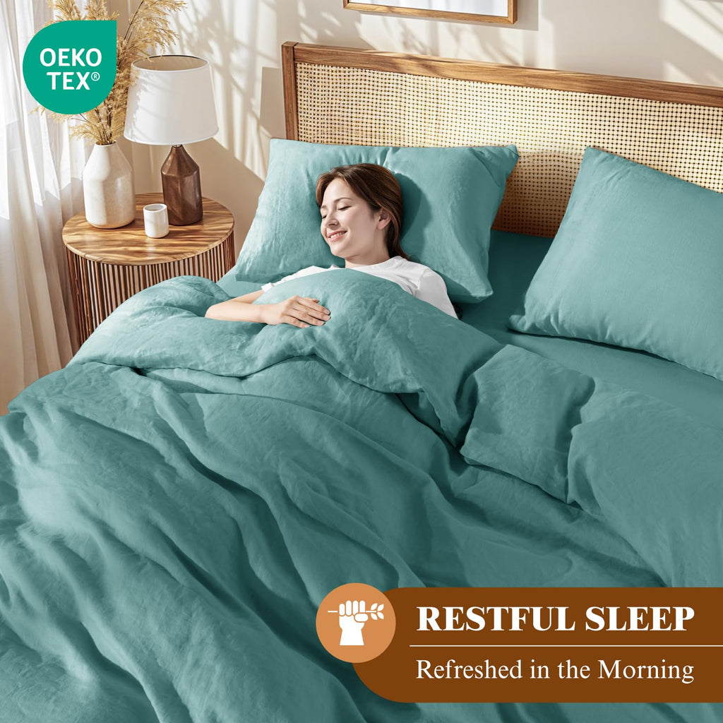100% France Linen Duvet Cover Set 3 Pcs Natural Flax Duvet Cover Set 2 Pillowcase 1 Duvet Cover with Zipper (Aqua