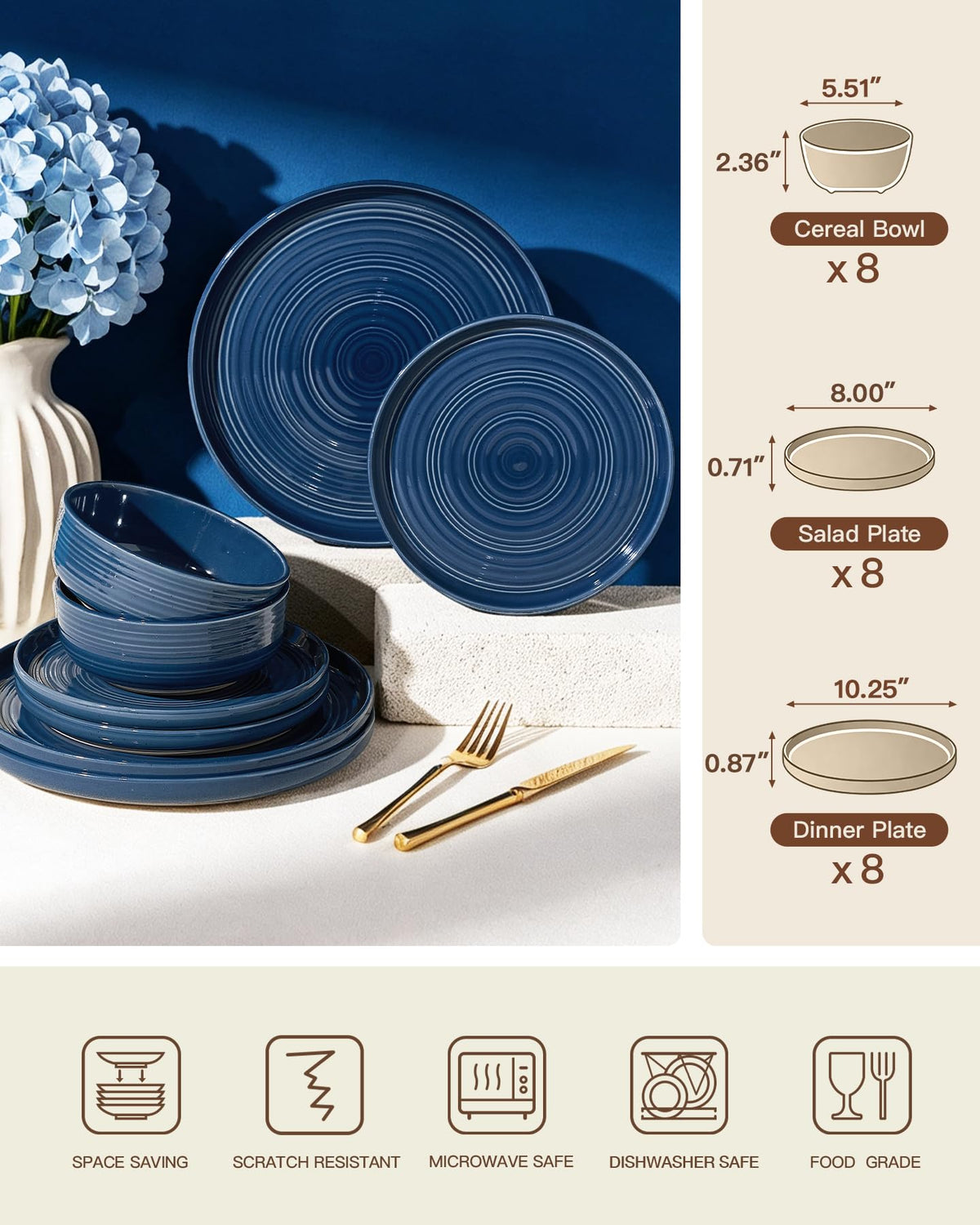 Ceramic Dinnerware Set for 8, Plates & Bowls, Abyssal Blue