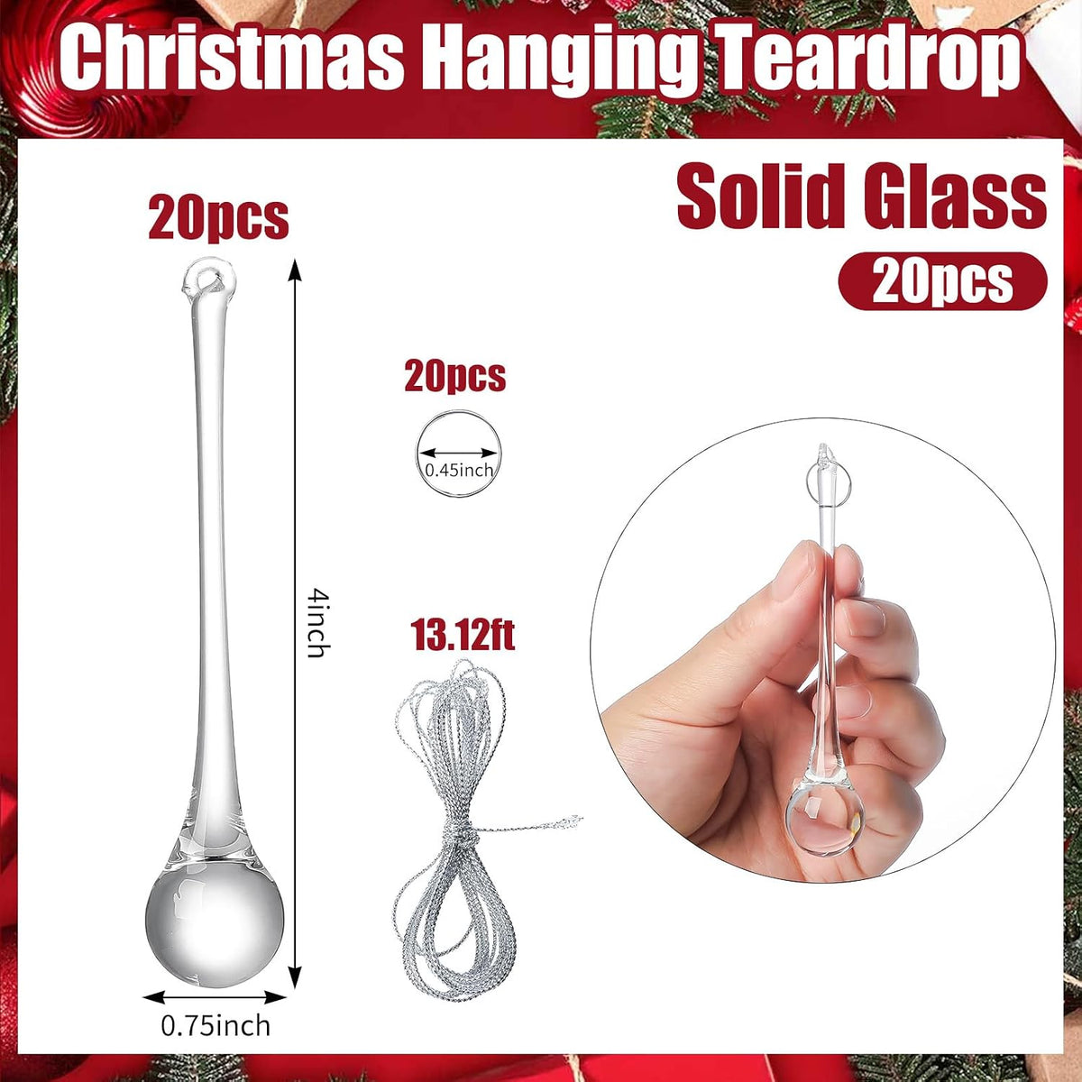 20pcs 4inch Clear Crystal Glass Teardrop Ornaments for Christmas Tree, Chandelier Crystals Replacement Parts