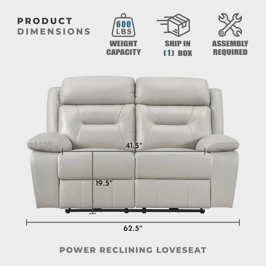 Top Grain Leather Match Power Double Recliner Loveseat, Silver