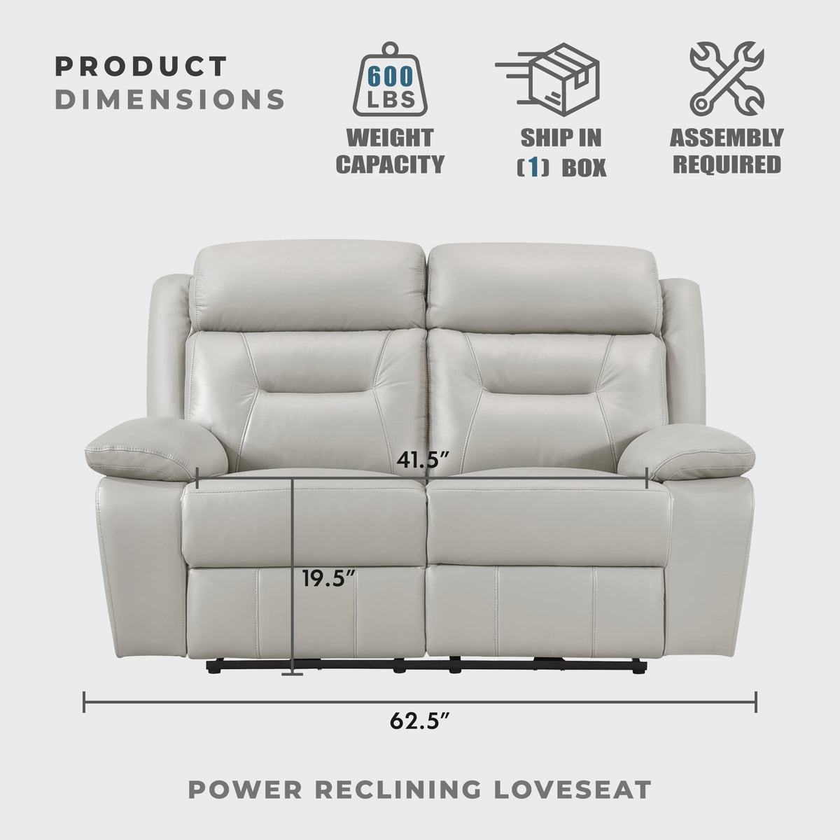 Top Grain Leather Match Power Double Recliner Loveseat, Silver