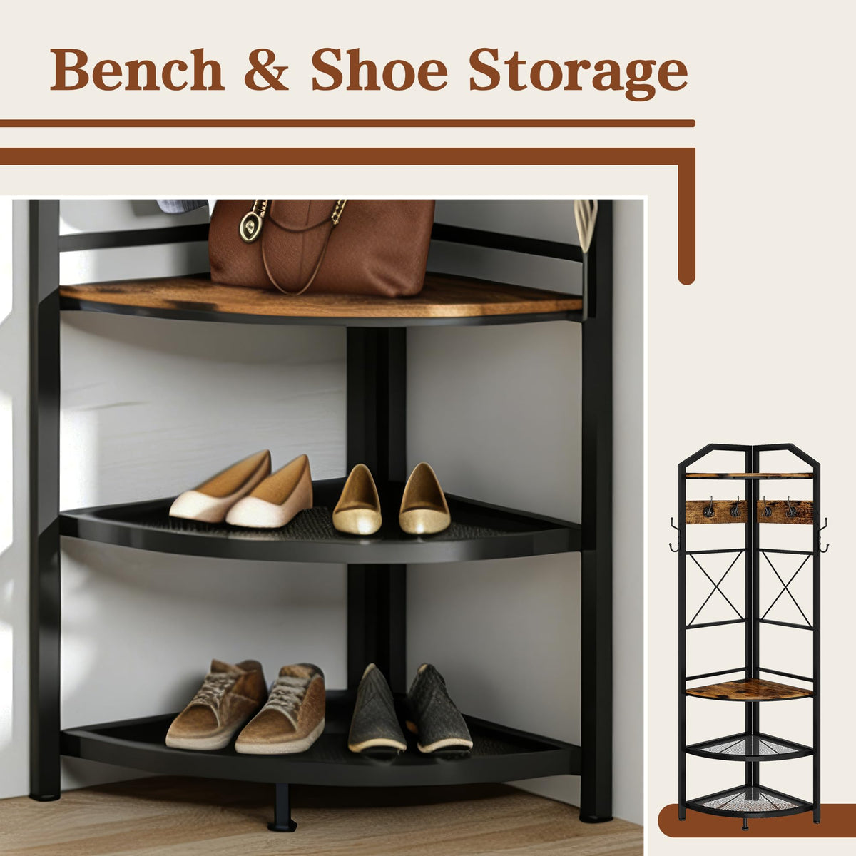 Corner Coat Rack with Storage, Entryway Hall Tree with Shoe Rack and Hooks, Freestanding Clothes Rack Corner Shelf