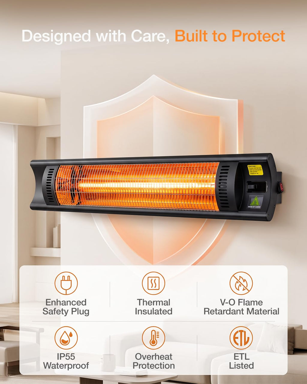 1500W Infrared Wall Mount Heater 35.5'', Electric Patio Heater with IP55 Waterproof, Remote Control, 24H Timer Ideal