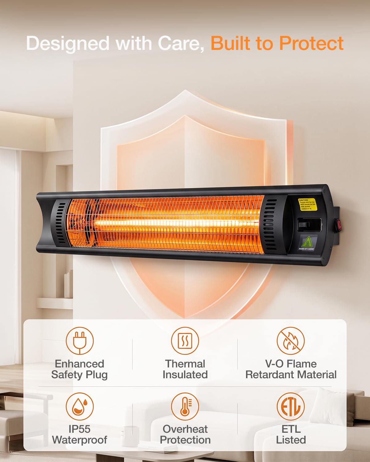 1500W Infrared Wall Mount Heater 35.5'', Electric Patio Heater with IP55 Waterproof, Remote Control, 24H Timer Ideal