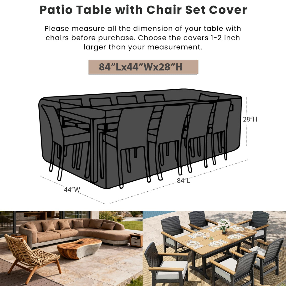 Patio Furniture Cover Rectangular 84"L x 44"W x 28"H, Waterproof Table Cover