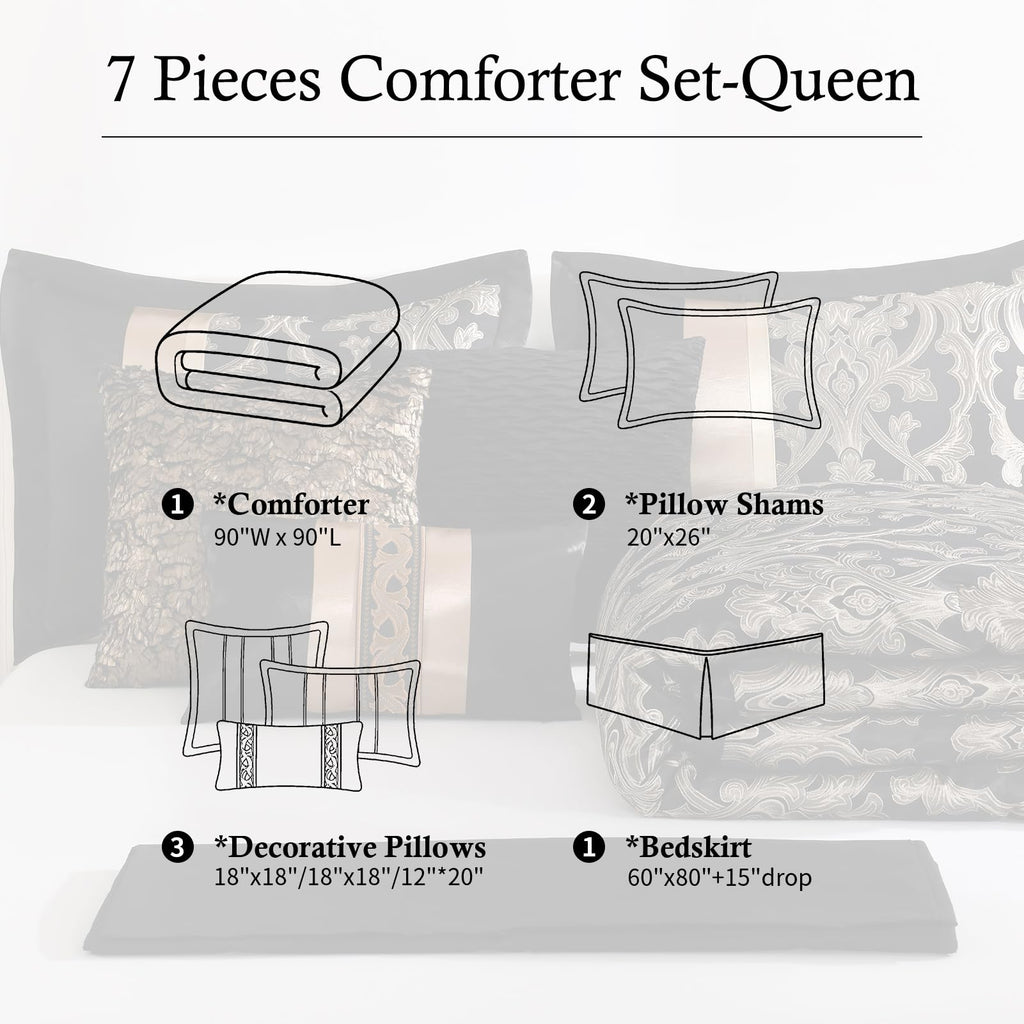 Gold Black Jacquard Comforter Set, 7 Piece Damask Bedding