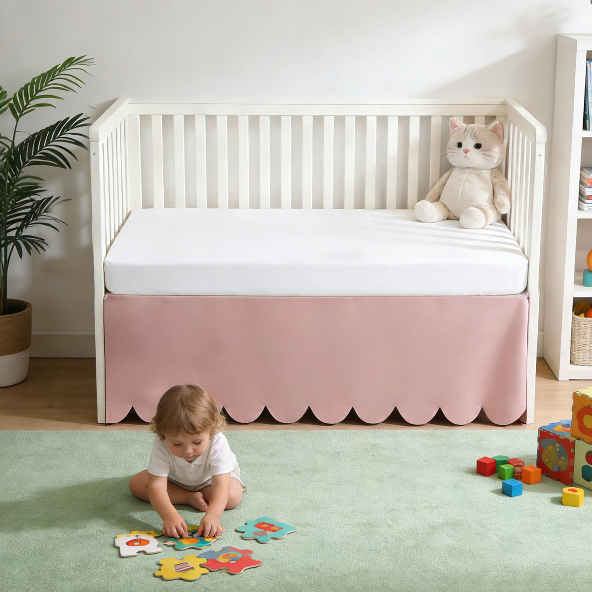100% Cotton Scallop Edge Crib Bed Skirt, 28"x 52" with 14" Drop, 4-Sided Soft Breathable Cotton Bedding Skirt for
