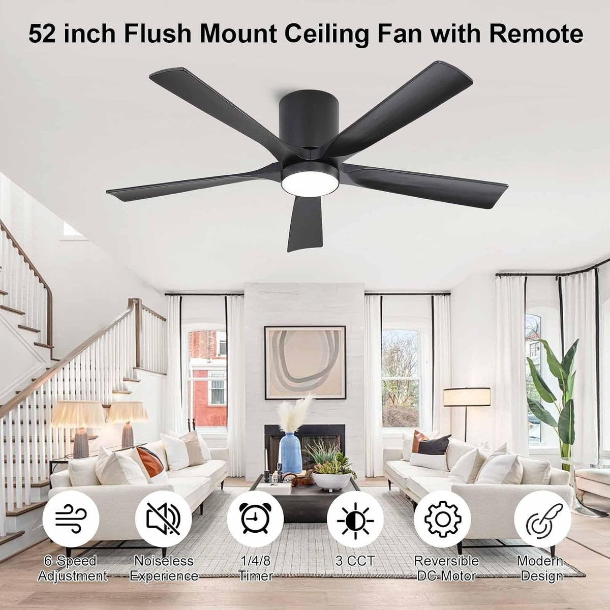 52" Flush Mount Ceiling Fan with Light & Remote