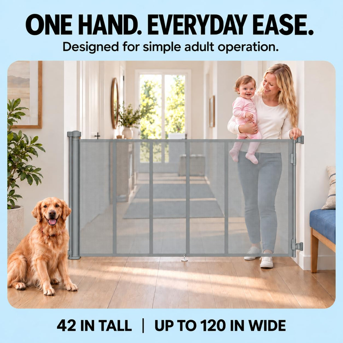 120" Extra Wide Retractable Baby Gate, 44" Tall Dog Gate for Stairs