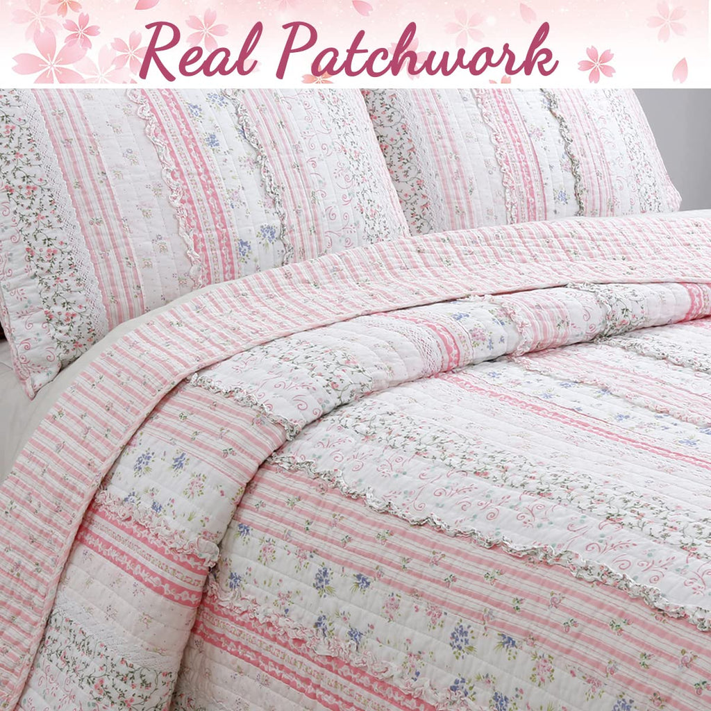 Shabby Chic Pink Flower Lace Ruffle Stripe 100% Cotton Reversible Quilt Bedding Set, Coverlet, Bedspread (Pink
