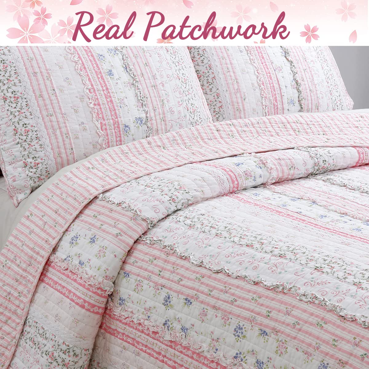 Shabby Chic Pink Flower Lace Ruffle Stripe 100% Cotton Reversible Quilt Bedding Set, Coverlet, Bedspread (Pink