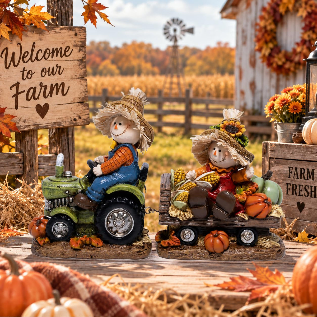 Thanksgiving Scarecrow Tractor Figurine, Harvest Table Decor