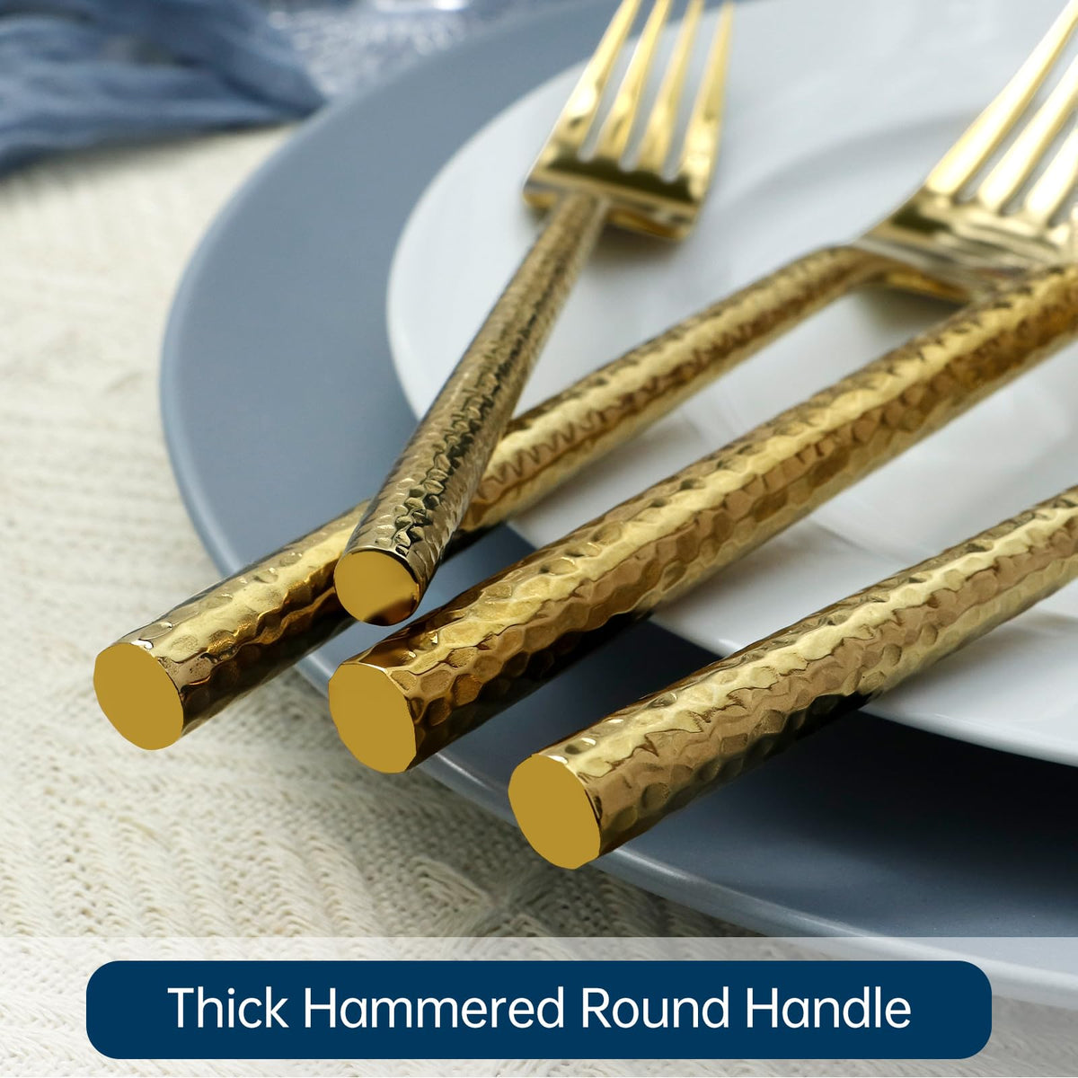 Gold Silverware 18/10 Stainless Steel 60-Piece Mirror Polsihing Flatware Round Hammered Cutlery Set Service for 12