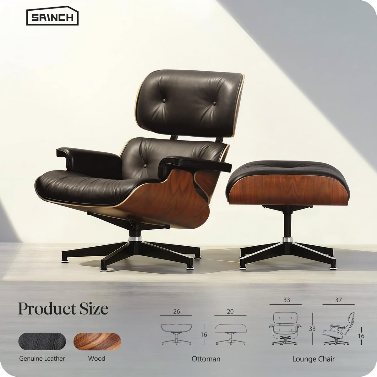 Tumbled Top-Grain Cowhide Leather Chaise Lounge Chair with Ottoman