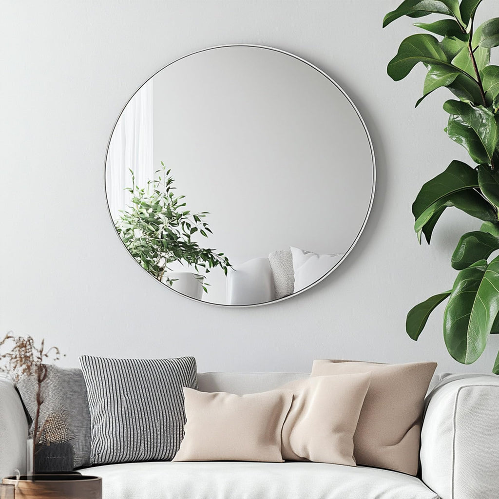 Round Mirror, 26 inch Silver Circle Mirror,Bruhsed Nickel Metal Frame