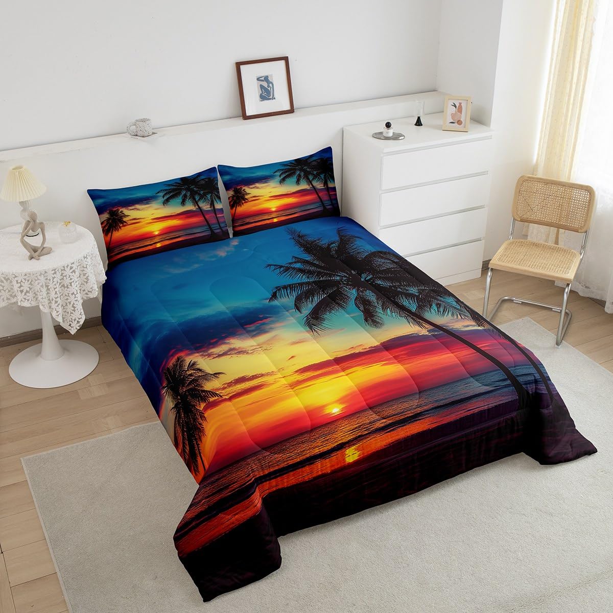 Palm Leaf Comforter Set, Ocean Beach Down Comforter, Nature Theme Duvet Set, Sunset Bedding Set Decorative
