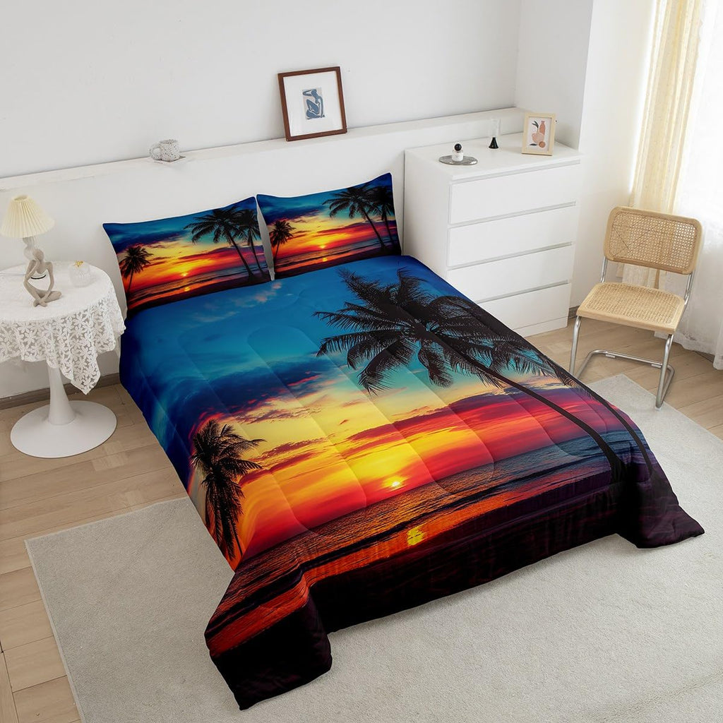 Palm Leaf Comforter Set, Ocean Beach Down Comforter, Nature Theme Duvet Set, Sunset Bedding Set Decorative