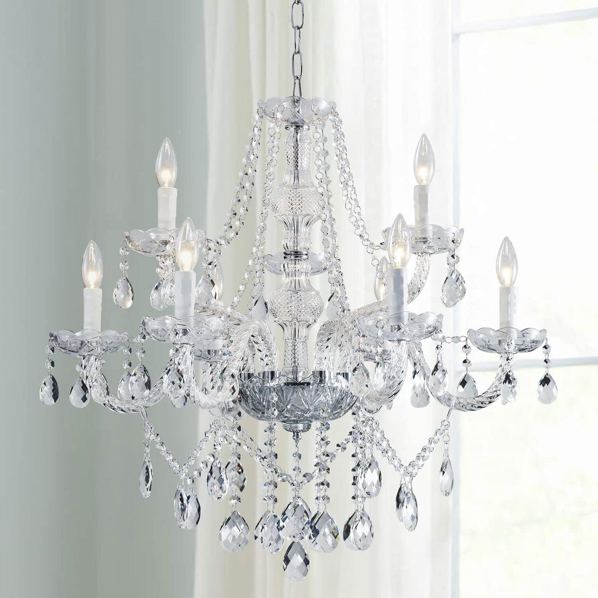 Nine-Light Modern Crystal Glass Chandelier with Layered Clear Prisms