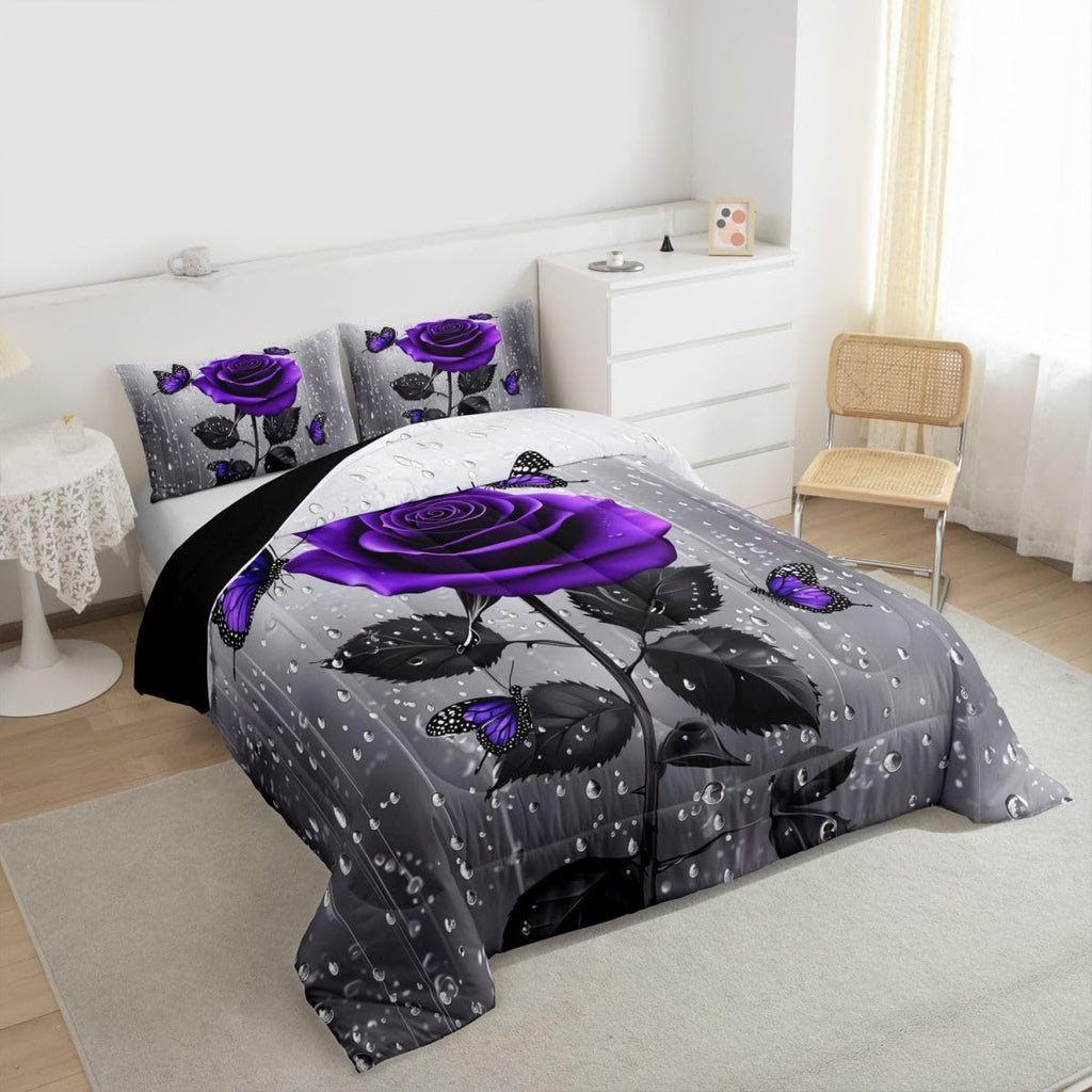 3D Rose Comforter Set - Rose Floral Print Bedding Set With Romantic Flowers, Butterfly Duvet Set, Quilt
