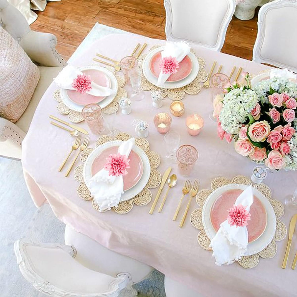 Farmhouse Flower Napkin Rings, Faux Pink Dahlia Napkin Ring, Natural Serviette Buckles Holder for Gift,Table - Set of 8