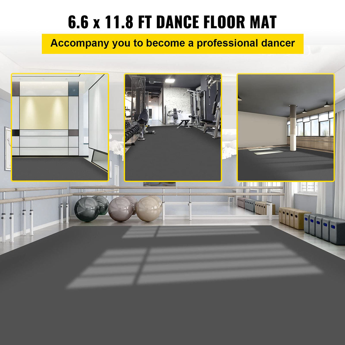 Dance Floor 6.6x11.8ft, Portable Dance Floor Roll 0.06in Thick PVC Vinyl Dance Mat Black/Grey Reversible Marley Dance