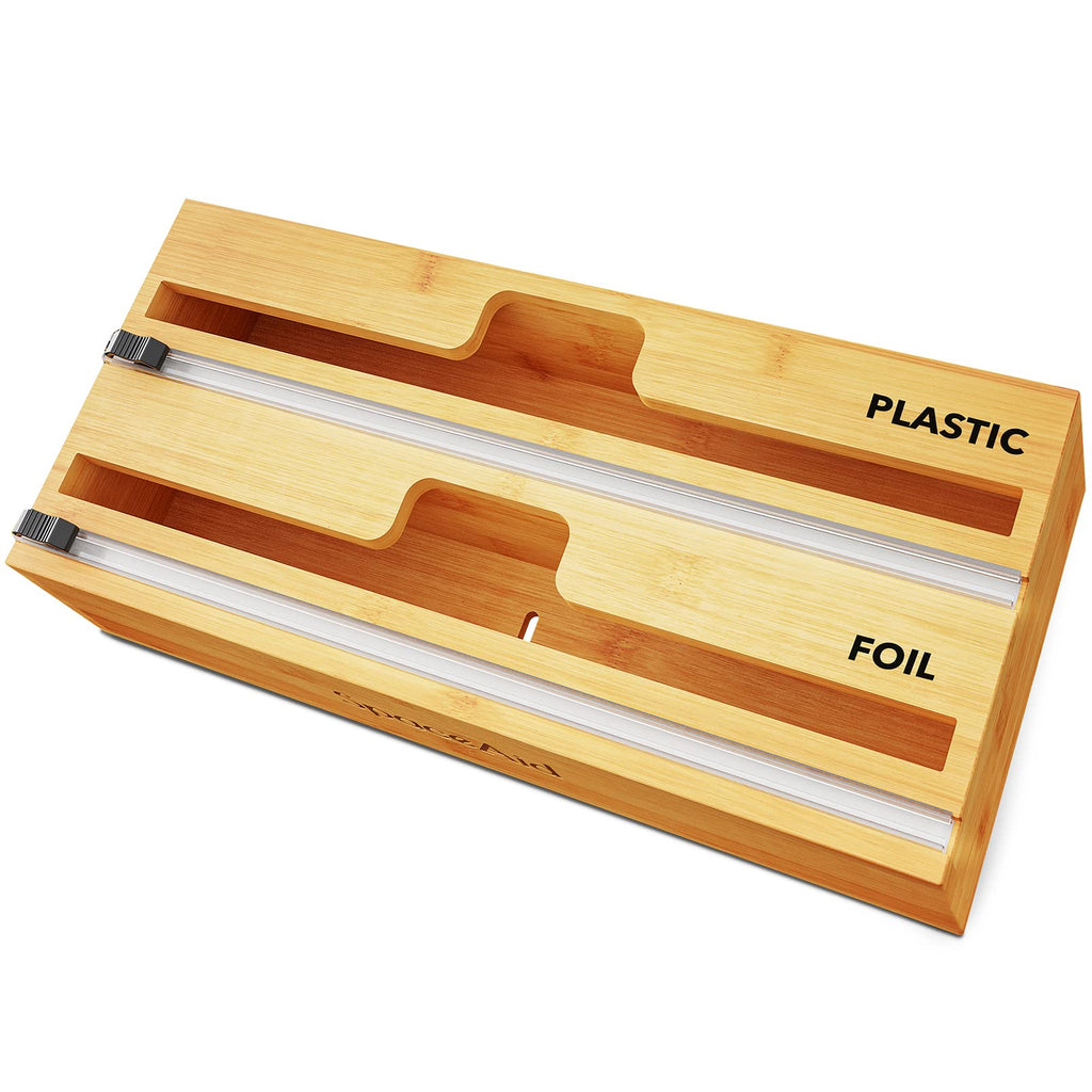 WrapNeat 2 in 1 Wrap Organizer with Cutter and Labels, Plastic Wrap, Aluminum Foil and Wax Bamboo Dispenser Storage