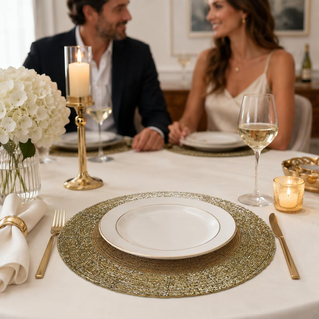 Beaded Round placemate Gold Tonal Charger Placemats, Set of 4 13-Inch Round