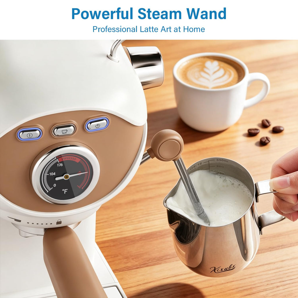 Espresso Machine, Compact Espresso Maker with Milk Frother, White