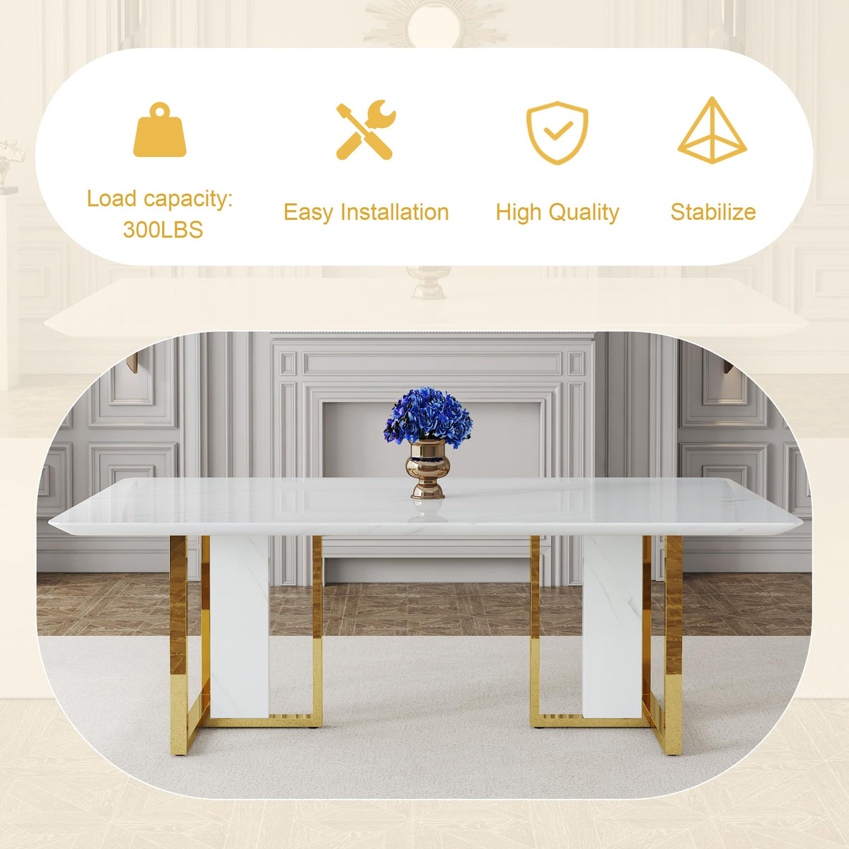 79 Inch Faux Marble Dining Table, White Rectangular Kitchen Table, 1.8 Inch Thick Mid Century Modern Dinner Table