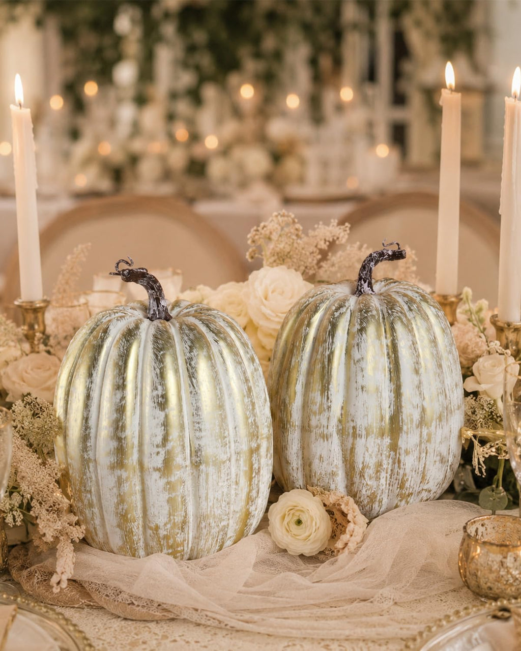 2 Pack 8 Inch Distressed Gold Artificial Pumpkins for Fall Decor