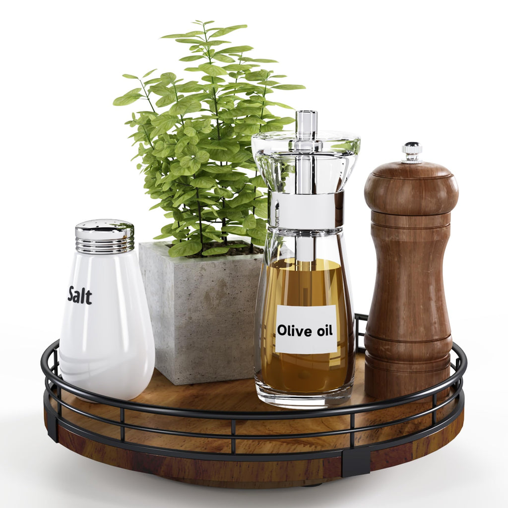 Farmhouse Oak Wood Lazy Susan Organizer for Table Top, Walnut