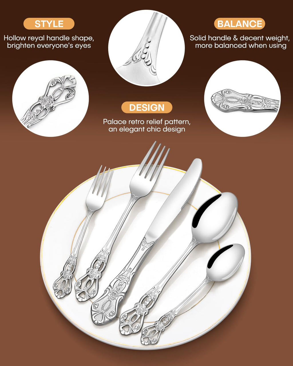 40 Pieces Royal Silverware Set, Retro Flatware Set for 8, Stainless Steel Cutlery Set with Luxury Forks Spoons and