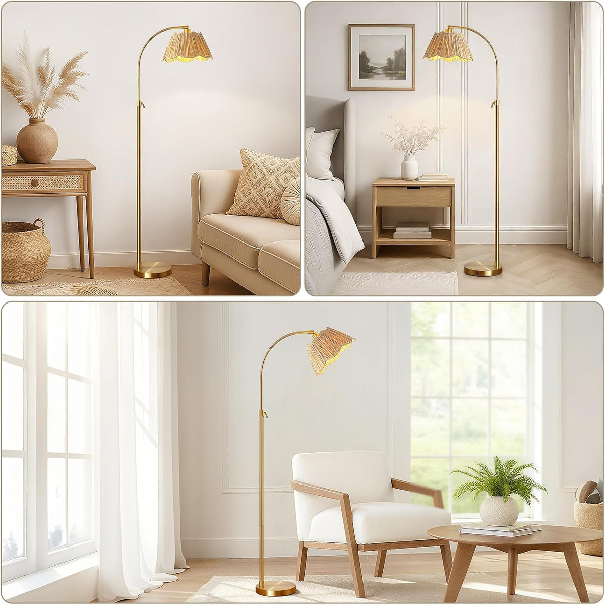 64'' Adjustable Arc Floor Lamp with Natural Rattan Woven Shade, Brushed Gold Mid-Century Modern Boho Floor Lamp