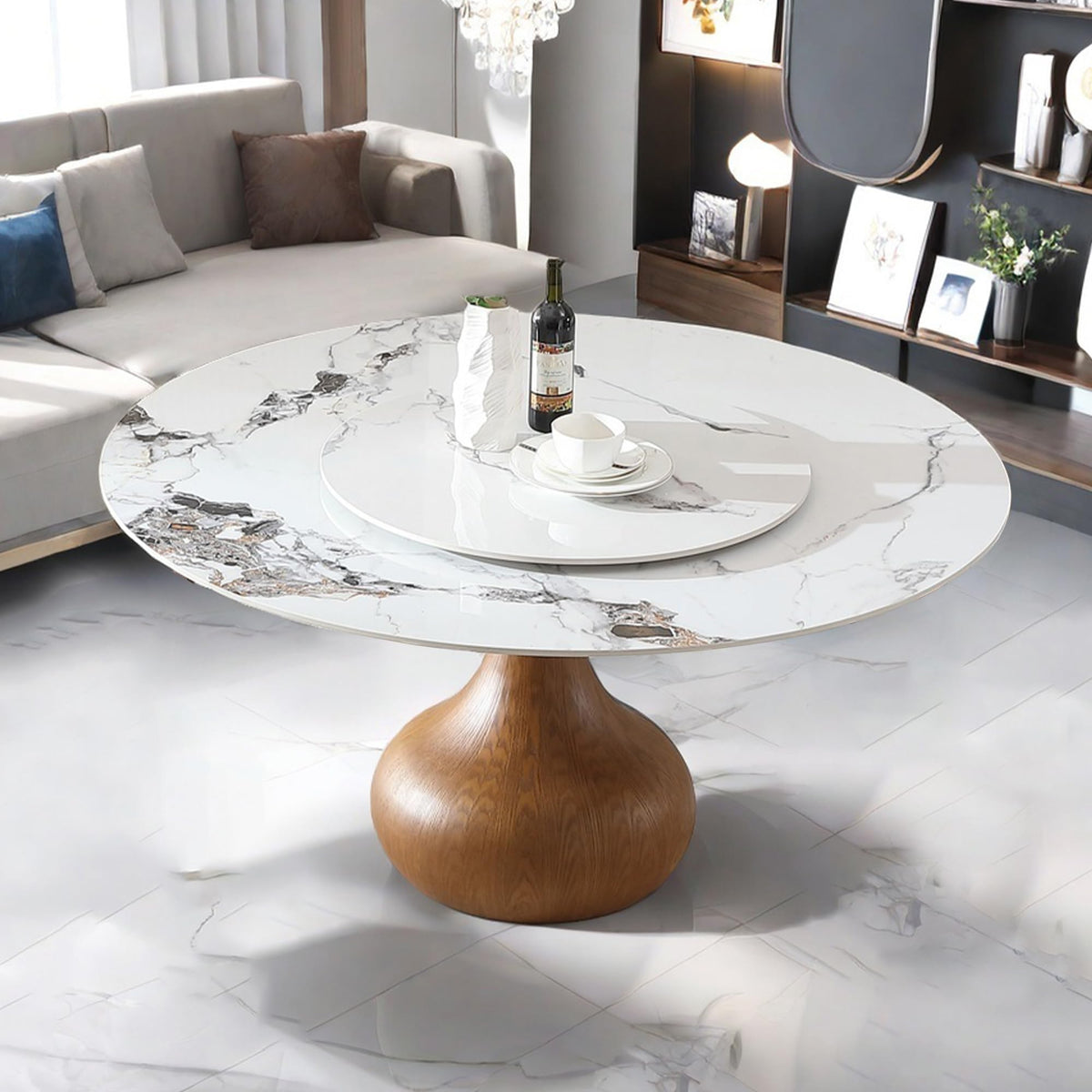 Marble Dining Table, 59" D Round Dining Tabletop with 31.5" D Detachable Turntable, Luxurious Sintered Stone Dining