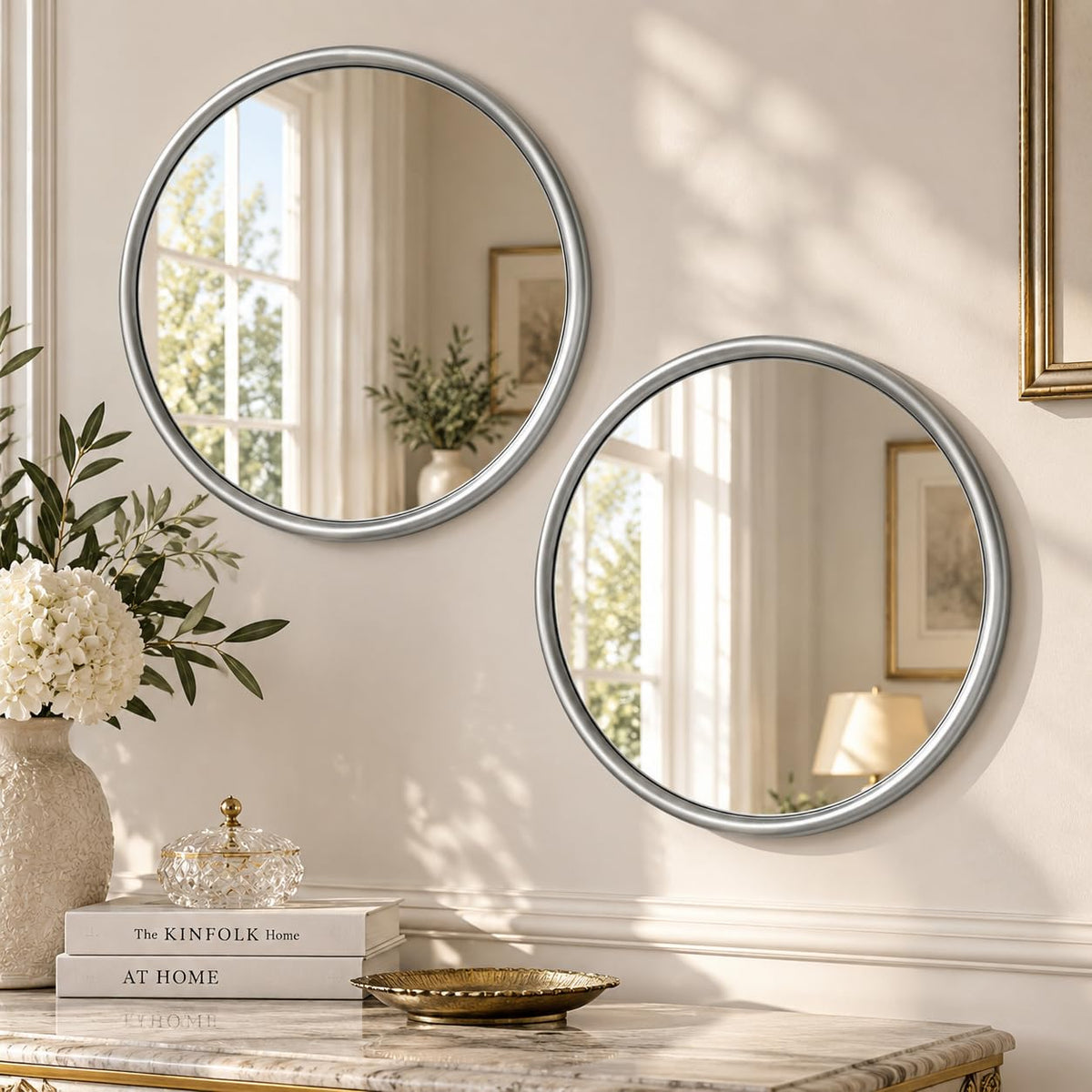 12 Inch Round Glass Mirror Set of 2, Silver Metal Framed Decorative Mirror for Wall, Non-Distortion Small Rounded