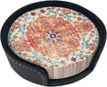 Vintage Retro Ethnic Boho Coasters for Drinks Round Leather Coaster with Holder for Tabletop Protection Desk - Set of 6