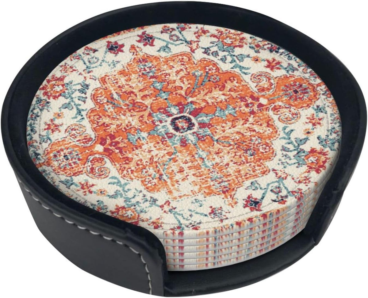 Vintage Retro Ethnic Boho Coasters for Drinks Round Leather Coaster with Holder for Tabletop Protection Desk - Set of 6
