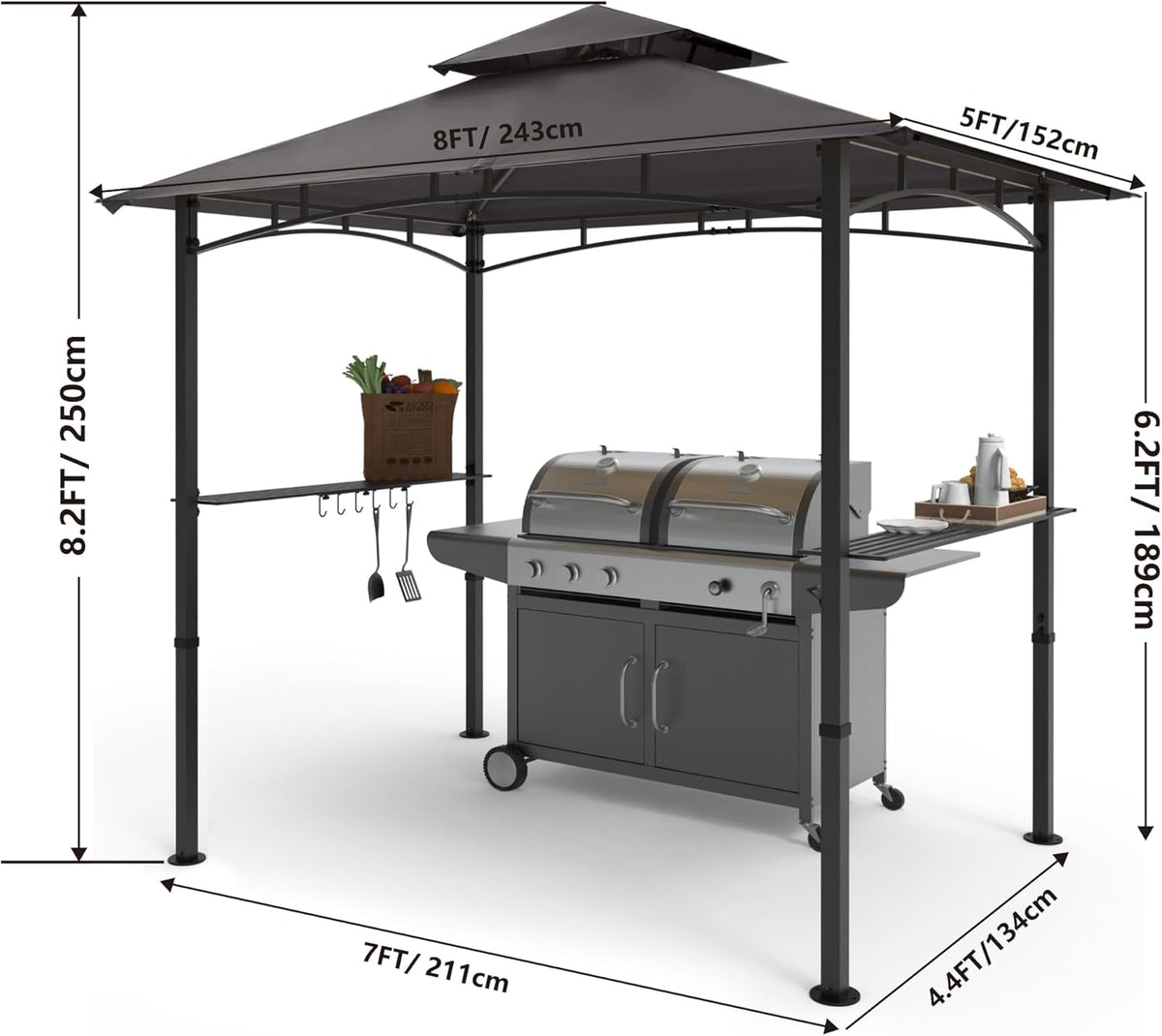 8'x 5' Grill Gazebo Double Tiered Outdoor BBQ Gazebo Canopy with LED Light (Gray)