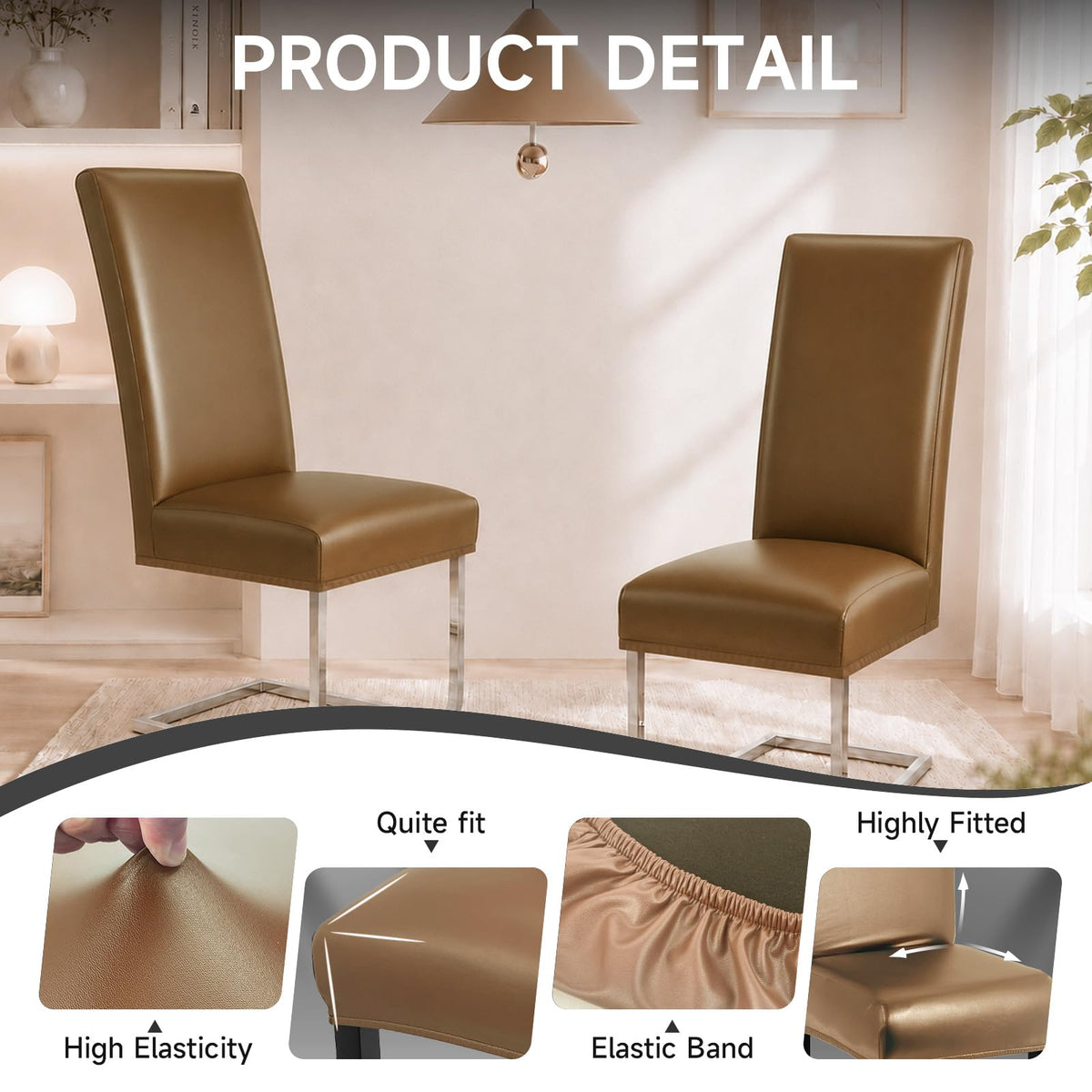 PU Leather Dining Chair Covers Removable 100% Waterproof Chair Covers for Dining Chairs Set of 6, Stretchy & Soft