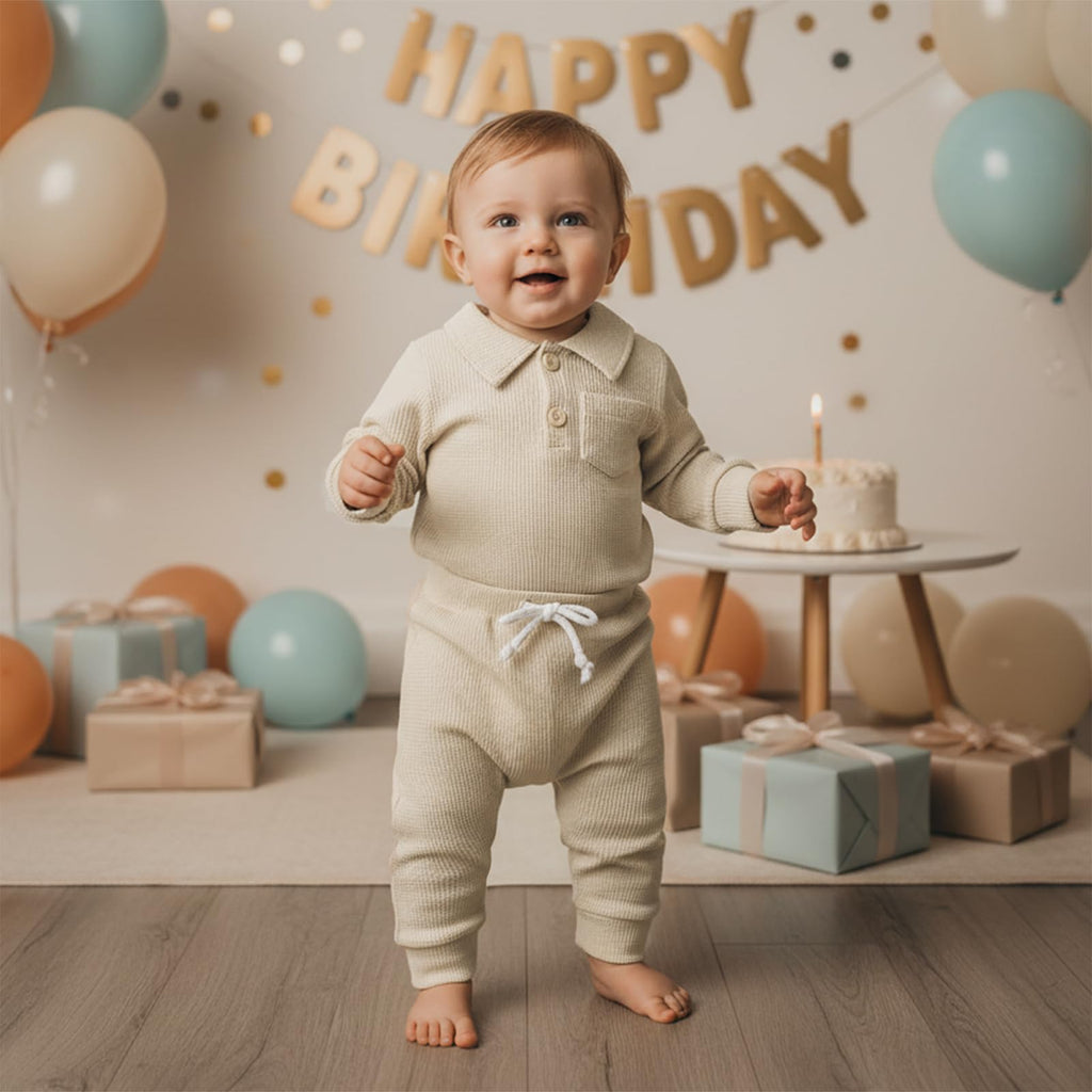 Newborn Baby Boy Clothes Solid Waffle Knit Long Sleeve Button Up Collared Romper Long Pants Set Fall Winter Outfits