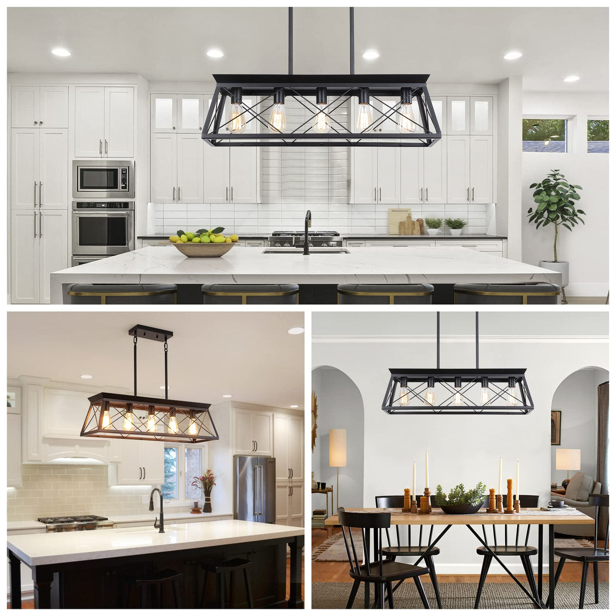 Farmhouse Chandeliers, Rustic Kitchen Island Light Fixture, 5-Light Linear Pendant Lighting Rectangular Chandelier