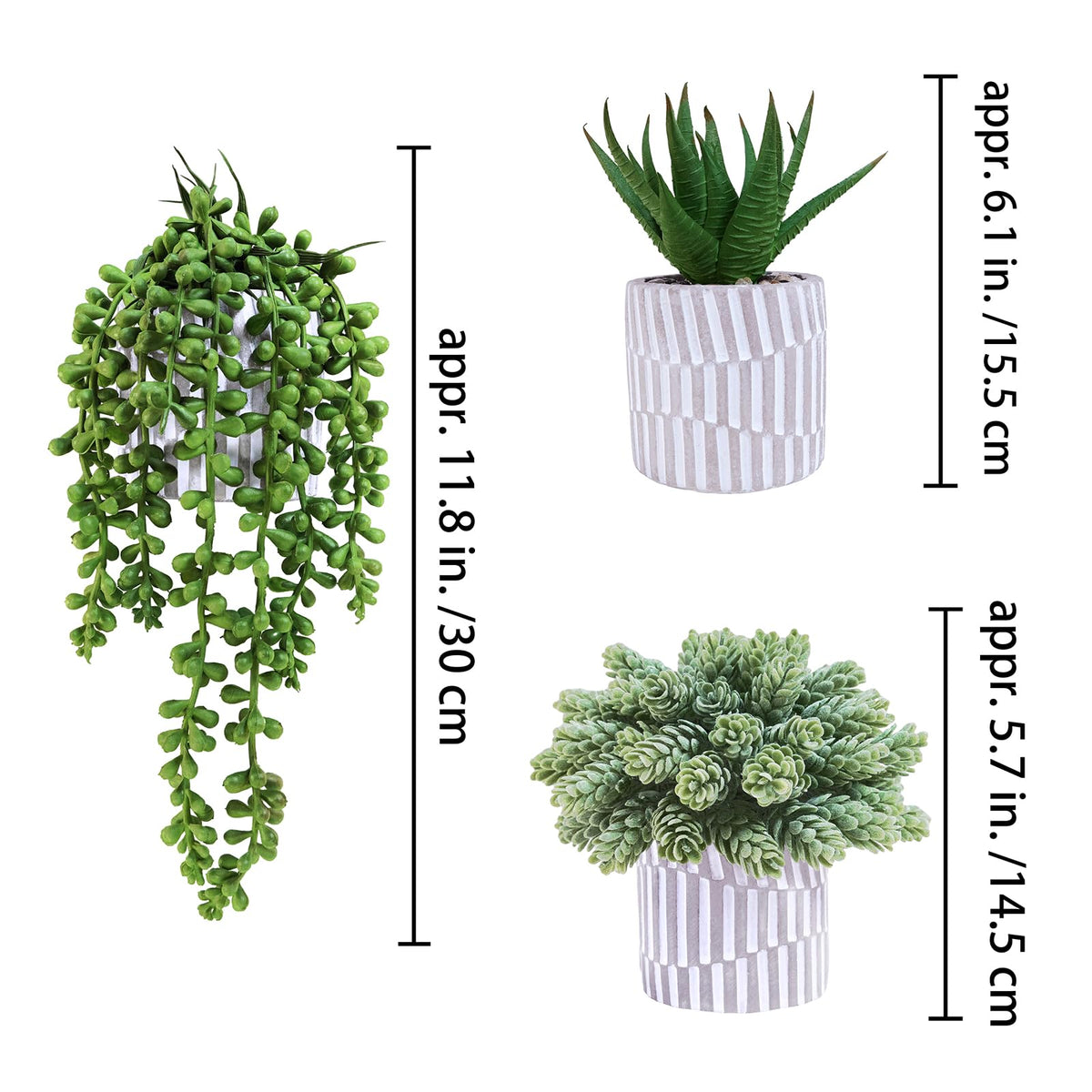 3 Pack Small Faux Succulent Plants Fake String of Pearls Aloe Hops Succulents in Gray Geometric Concrete Pots